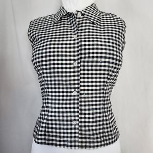 Elliott Lauren Black White Silk TOP Womens sz 10 Sleeveless Sequined Button Vtg